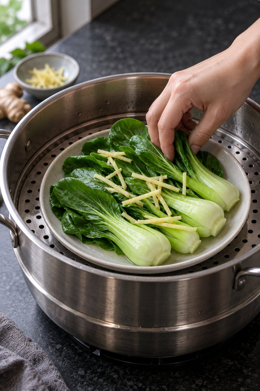 Bok Choy 3 Ways: Garlic Stir-Fry, Ginger Steam & Sesame Soy, step 5: Set up the ginger steam