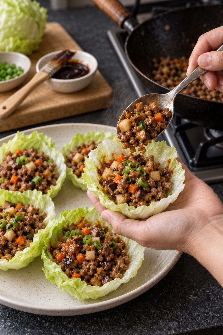 San Choy Bow, Crunchy Pork Lettuce Cups, step 8: Fill and serve