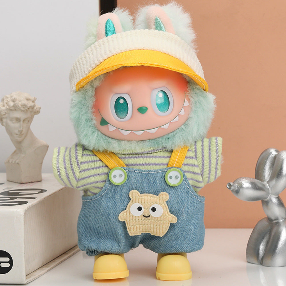 Labubu-17-cm-Little-Monster-Doll-Outfit-Set-–-Visor-Cap,-Striped-Tee-&-Denim-Suspender-Shorts-(Doll,-Shoes-&-Glasses-Not-Included)-1