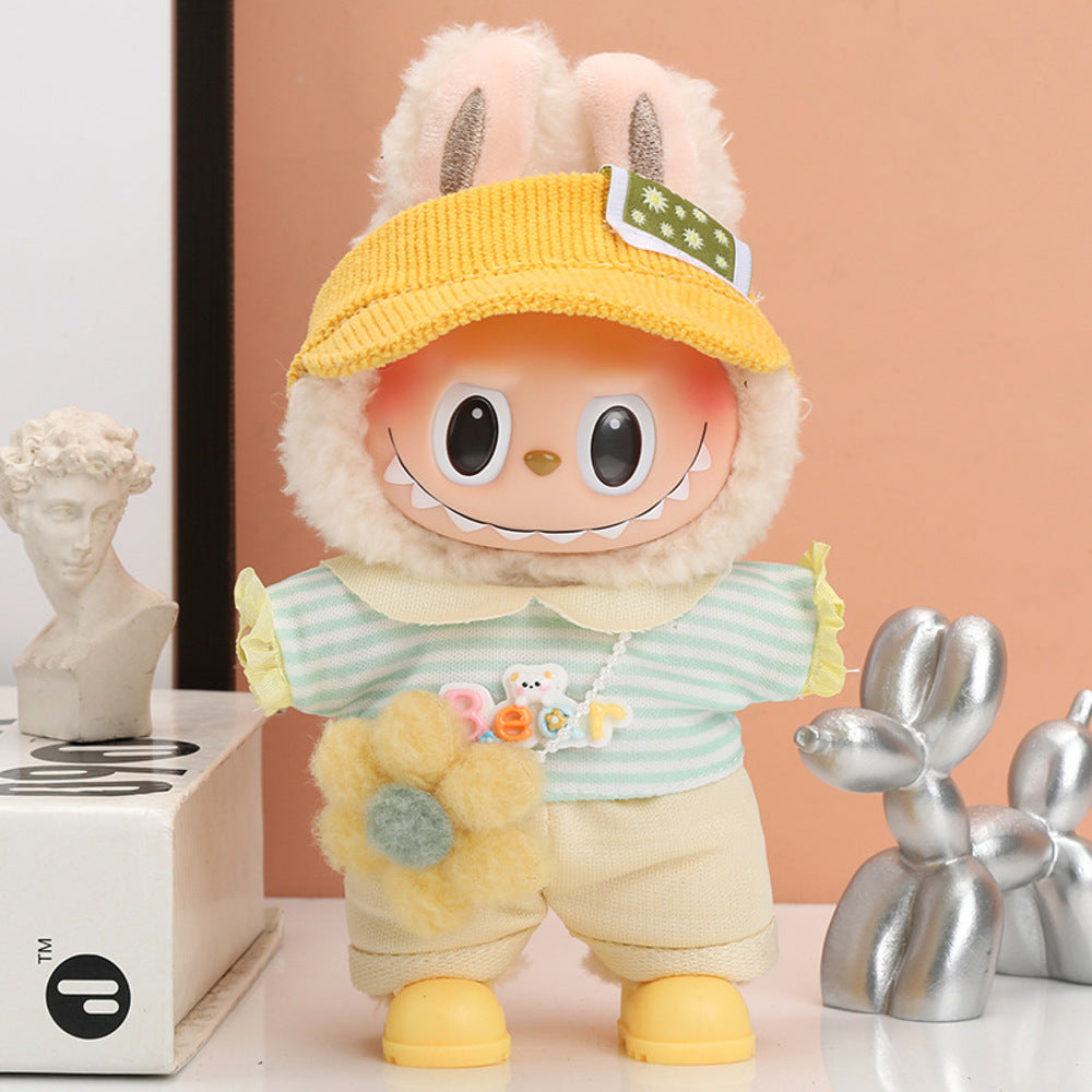 Labubu-17-cm-Doll-Outfit-“Little-Daisy”-–-Ear-Visor-Hat,-Pastel-Striped-Top,-Plush-Flower-Bag-&-Shorts-(Doll/Shoes/Glasses-Not-Included)-1