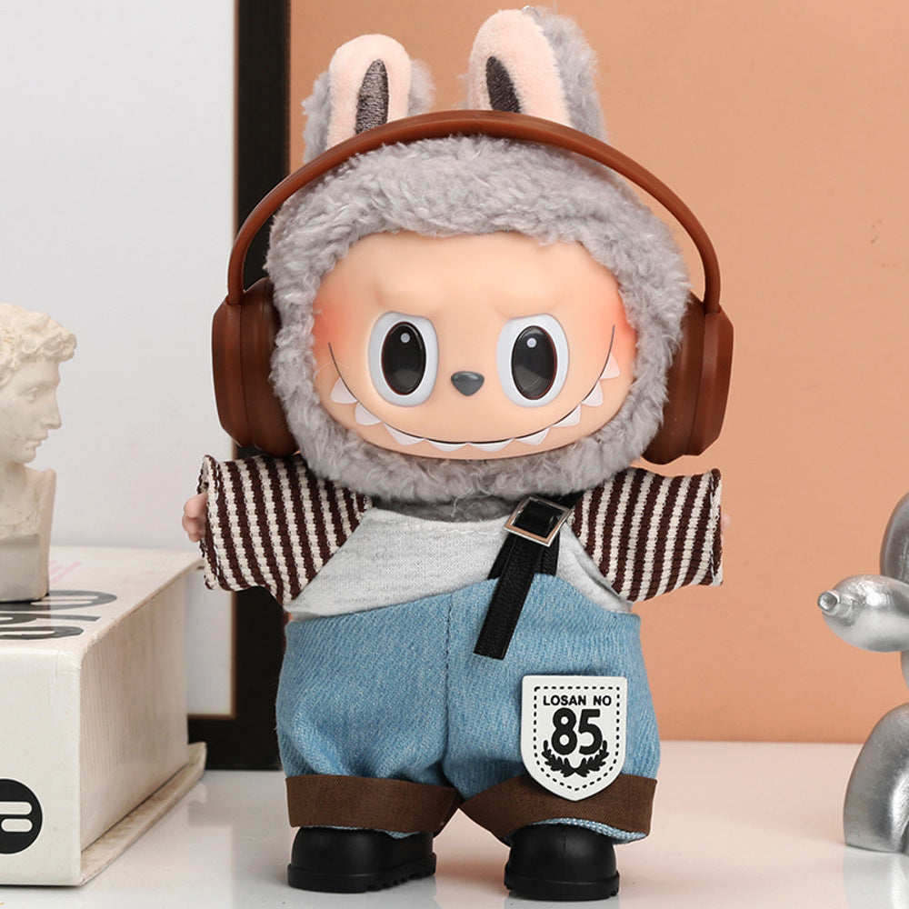 Labubu-17-cm-Doll-Outfit-–-Headphones,-Striped-Top-&-One-Strap-Denim-Overalls-(No-Doll/Shoes/Glasses)-1