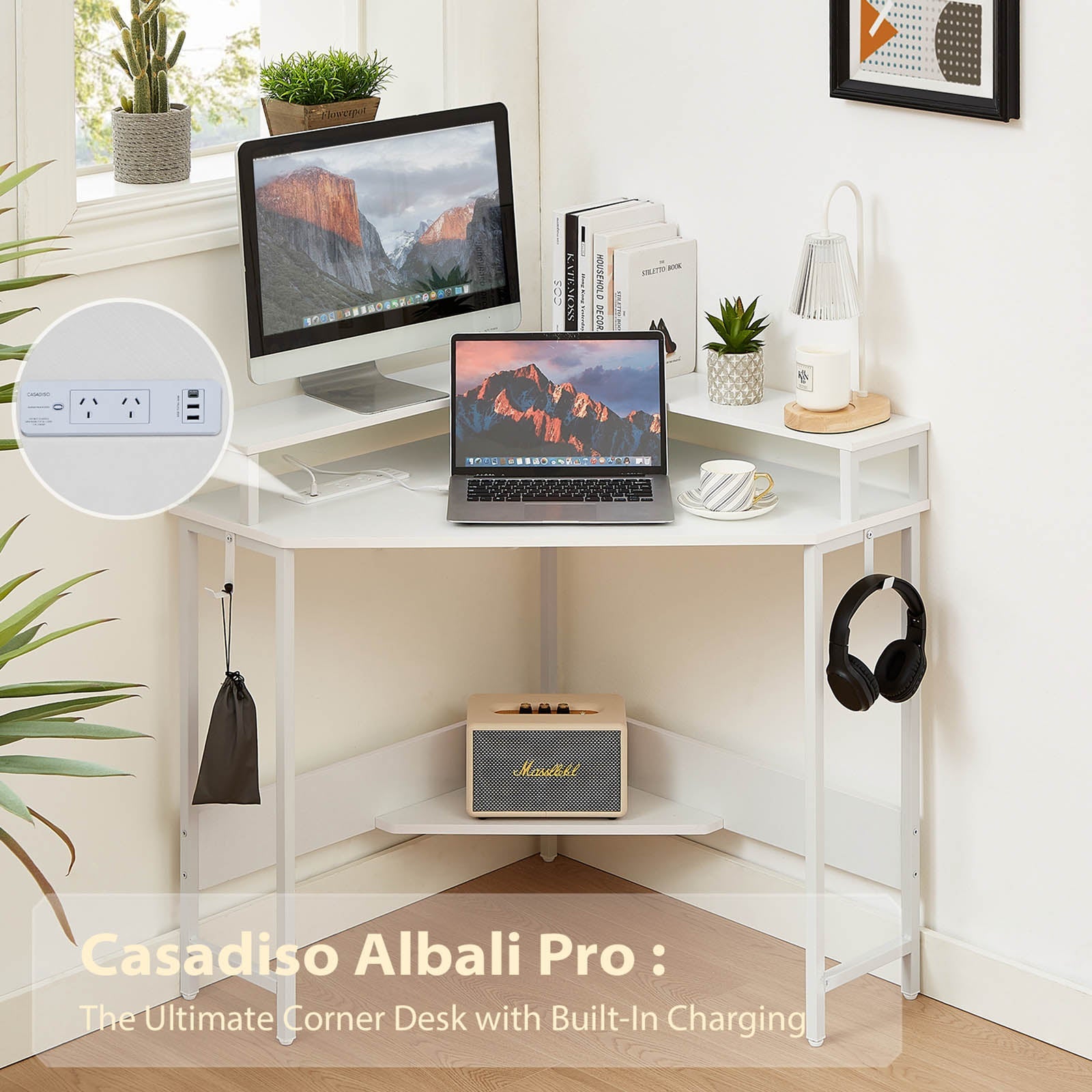 Bàn góc hình L Casadiso 1 chiếc – bàn gaming tích hợp ổ điện & cổng USB