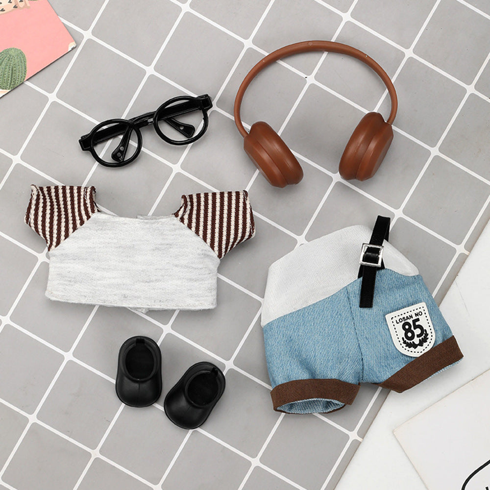 Labubu-17-cm-Doll-Outfit-–-Headphones,-Striped-Top-&-One-Strap-Denim-Overalls-(No-Doll/Shoes/Glasses)-2