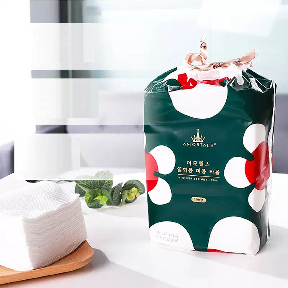 Khăn bông dùng 1 lần Amortals 100 miếng – mềm mại, thấm hút nhanh