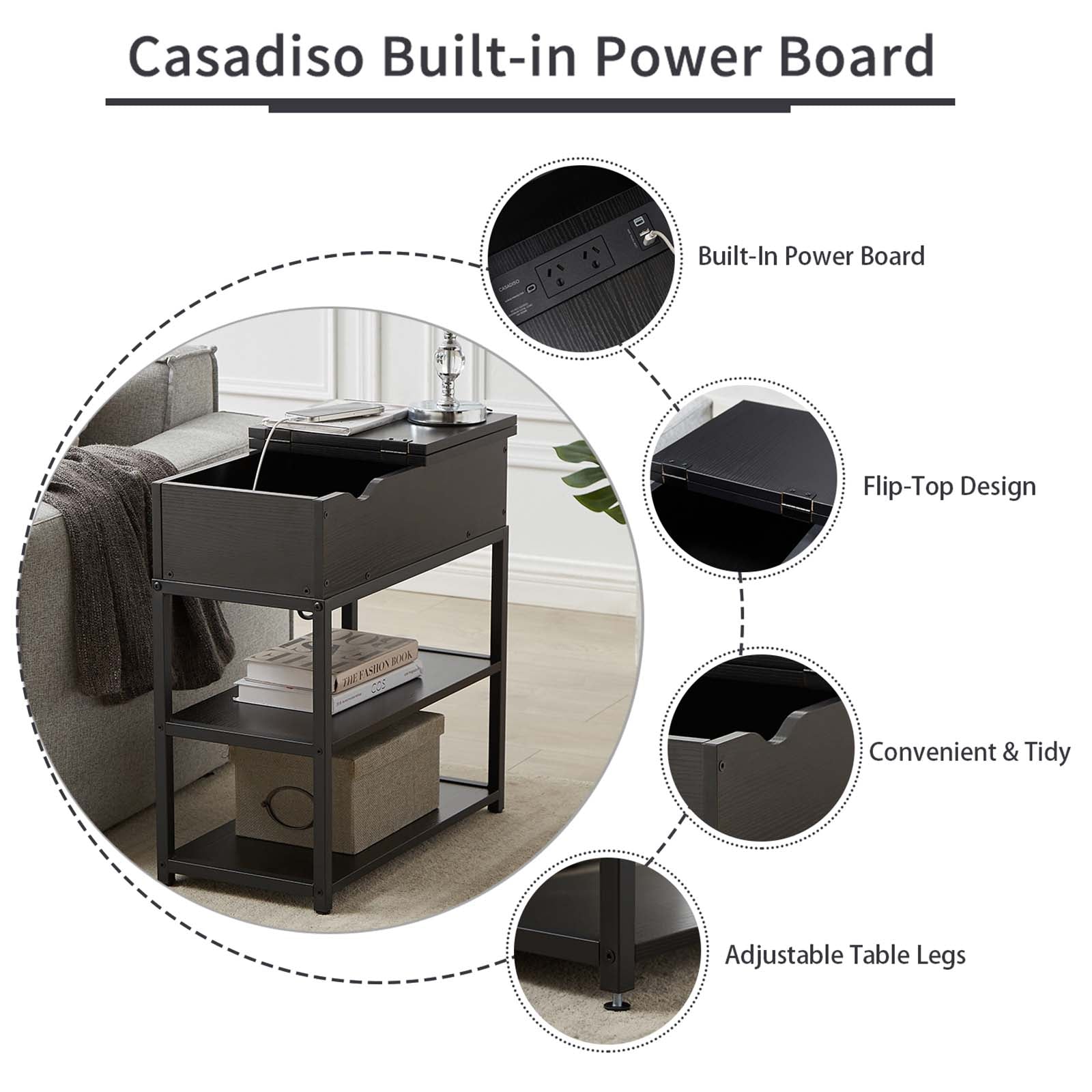 Bàn Kê Cạnh Sofa Casadiso 3 Tầng – ngăn kéo & ổ sạc USB-C tích hợp