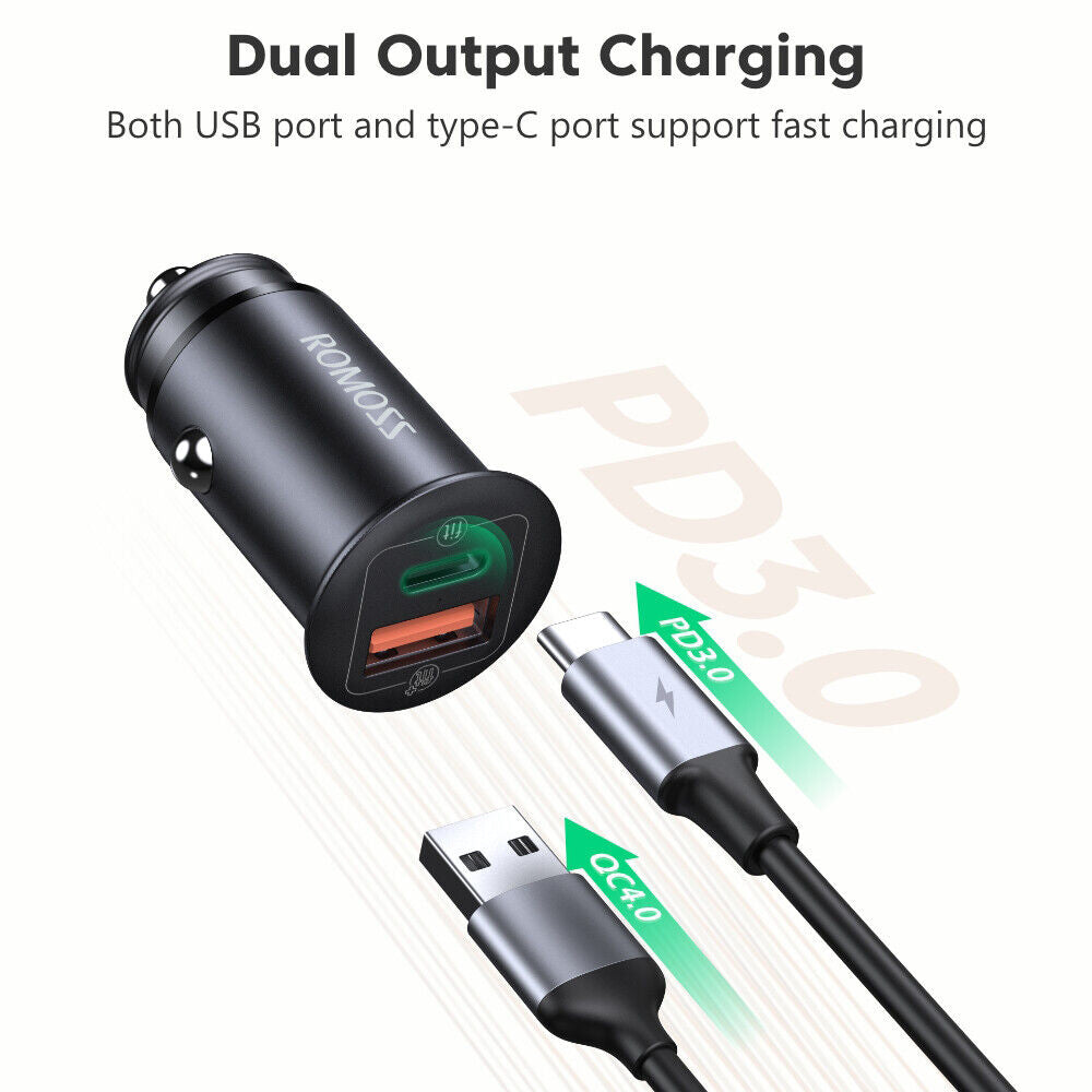 Romoss-USB-and-Type-C-Port-Fast-Charge-3.0-PD-Car-Adapter-30W-1