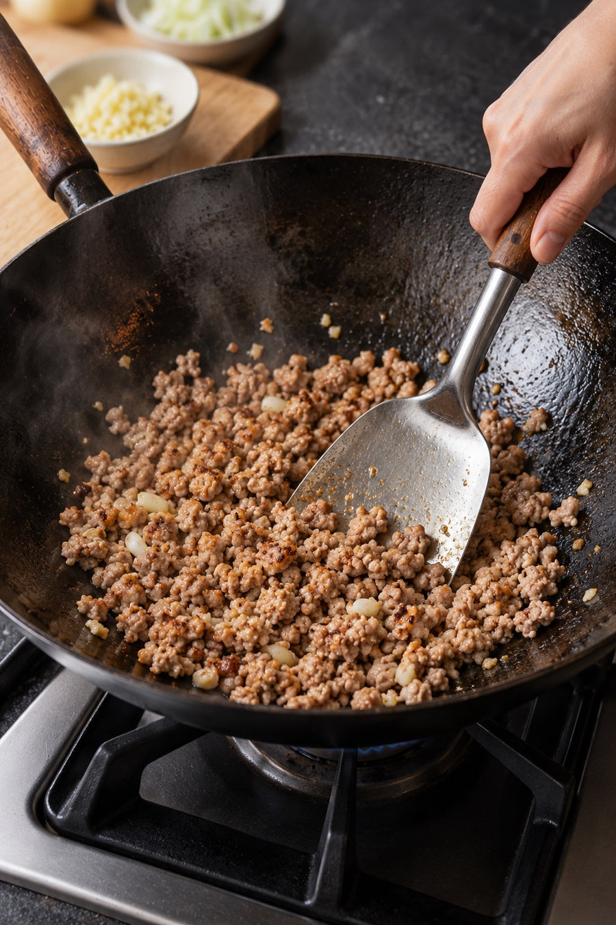 San Choy Bow, Crunchy Pork Lettuce Cups, step 5: Brown the pork