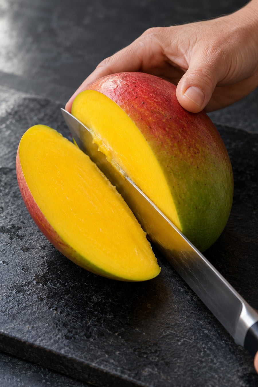 Solid Mango Pomelo Sago with Strained Yogurt, step 4: Cut two mango cheeks